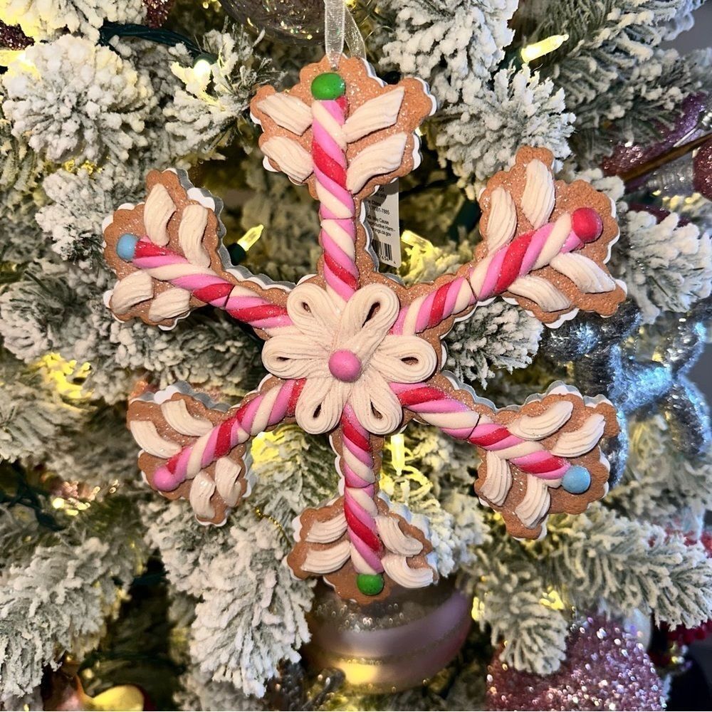 Raz Imports Claydough Pink Faux Candy Gingerbread Snowflake Ornament 8" NWT